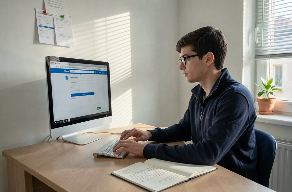 Étudiant masculin soumettant un travail sur la plateforme Moodle depuis son appartement