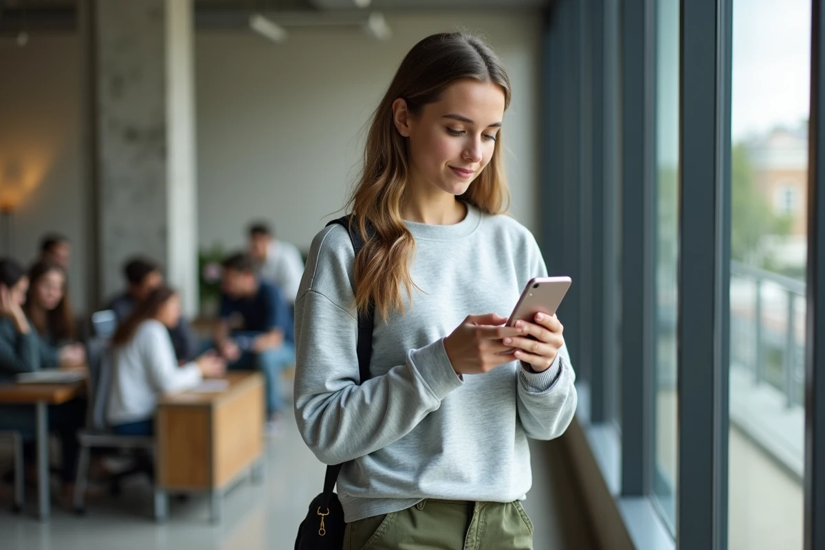 Étudiante consultant l'application Alcuin sur son smartphone dans un espace commun de l'ESME