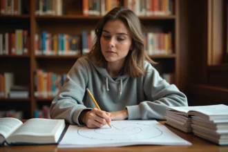 Étudiante qui apprend les formules trigonométriques cos et sin sur un cercle trigonométrique dessiné à la main dans une bibliothèque universitaire