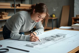 Étudiante en architecture révisant des coupes longitudinales et transversales sur une table à dessin technique