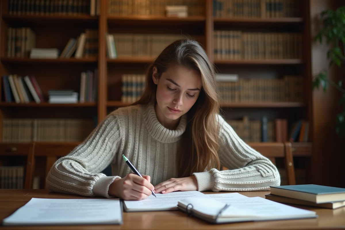 Etudiante en bibliothèque avec papiers et notes