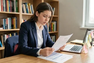 Étudiante consultant le classement SIGEM 2026 à son bureau avec des documents imprimés et un ordinateur portable ouvert