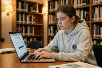 Étudiante frustrée devant un écran de connexion sur un portail universitaire en bibliothèque