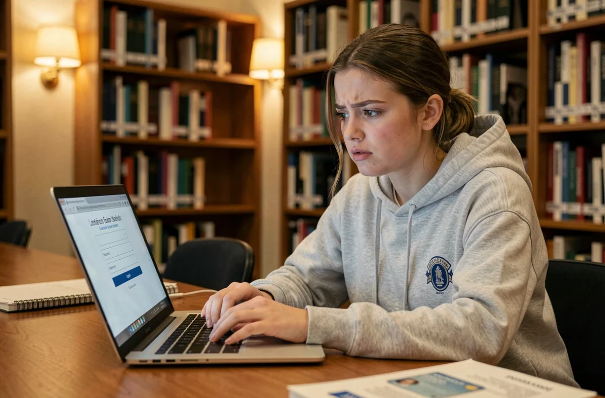 Étudiante frustrée devant un écran de connexion sur un portail universitaire en bibliothèque