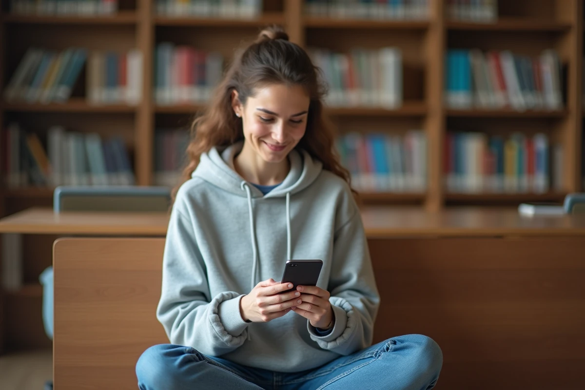 Étudiante consultant ses résultats d'examens sur smartphone dans une bibliothèque universitaire