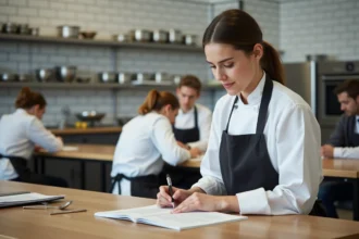 Étudiante en école hôtelière IFH prenant des notes lors d'un cours de cuisine professionnelle