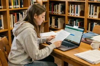 Étudiante déposant un devoir sur Moodle UHA dans une bibliothèque universitaire
