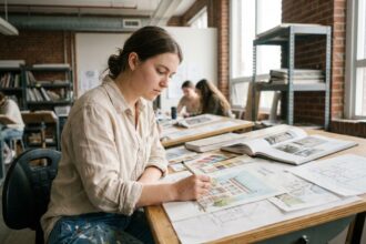 Étudiante en design travaillant sur des esquisses dans un studio académique, illustrant le choix entre prépa artistique et école de design