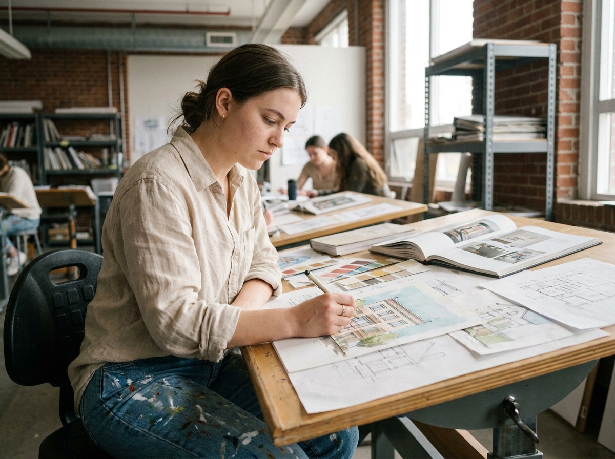 Étudiante en design travaillant sur des esquisses dans un studio académique, illustrant le choix entre prépa artistique et école de design