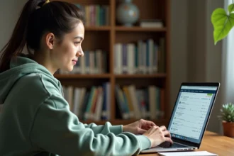 Étudiante utilisant l'ENT Bordeaux INP sur son ordinateur portable depuis son appartement pour suivre ses cours à distance