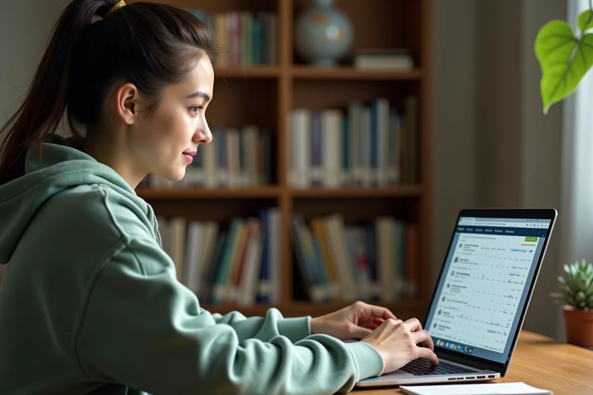 Étudiante utilisant l'ENT Bordeaux INP sur son ordinateur portable depuis son appartement pour suivre ses cours à distance