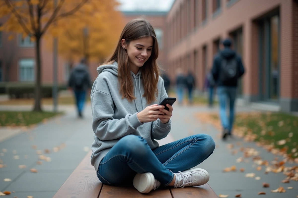 Étudiante accédant à l'ENT de Lille sur son smartphone dans la cour d'un campus universitaire