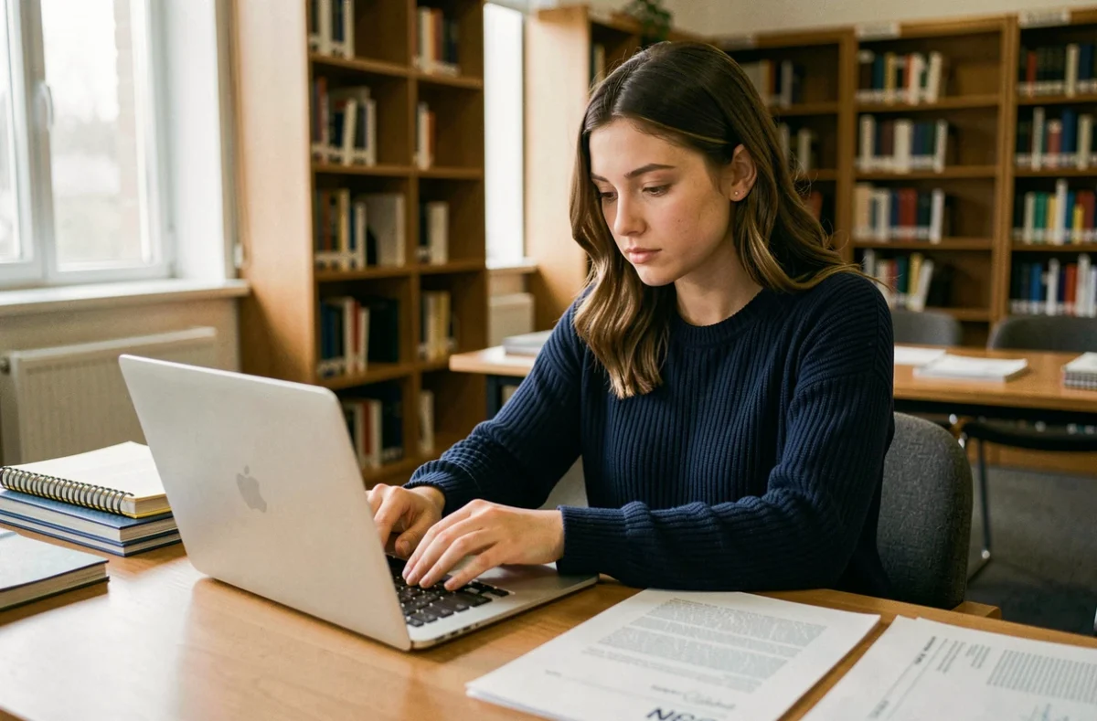 Étudiante rédigeant une lettre de motivation sur un ordinateur portable dans une bibliothèque universitaire