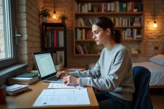 Étudiante du master El Karoui travaillant dans un petit studio parisien avec des notes de mathématiques financières sur son bureau