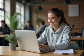 Étudiante consultant la plateforme MJM CLOUD sur un ordinateur portable dans un espace de travail collaboratif moderne
