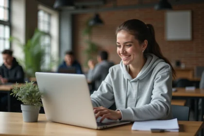 Étudiante consultant la plateforme MJM CLOUD sur un ordinateur portable dans un espace de travail collaboratif moderne