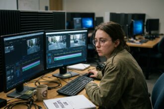 Étudiante en école de cinéma travaillant sur un poste de montage vidéo dans une salle de post-production professionnelle