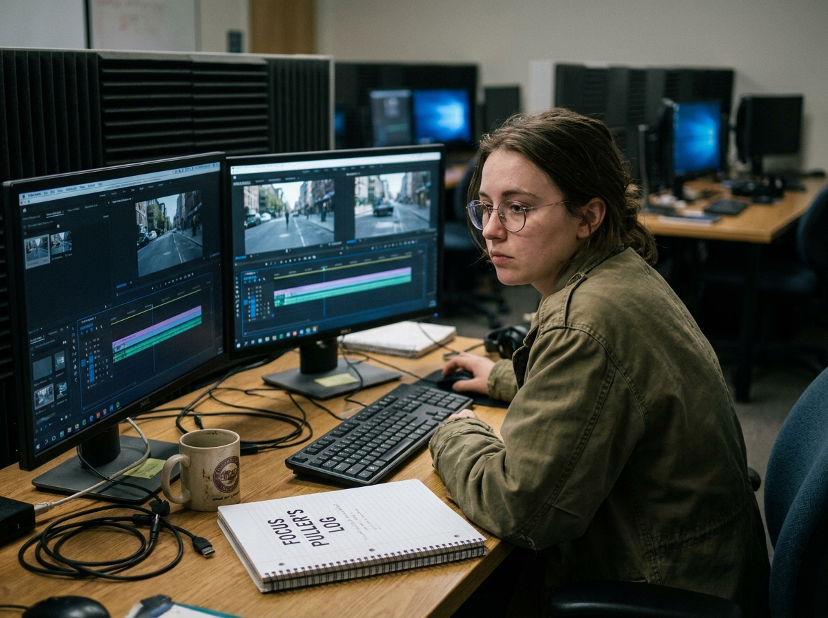 Étudiante en école de cinéma travaillant sur un poste de montage vidéo dans une salle de post-production professionnelle