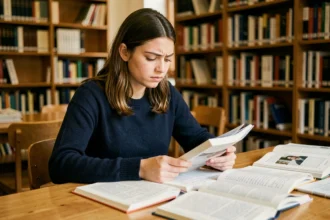 Étudiante révisant le futur en espagnol avec des manuels ouverts dans une bibliothèque universitaire