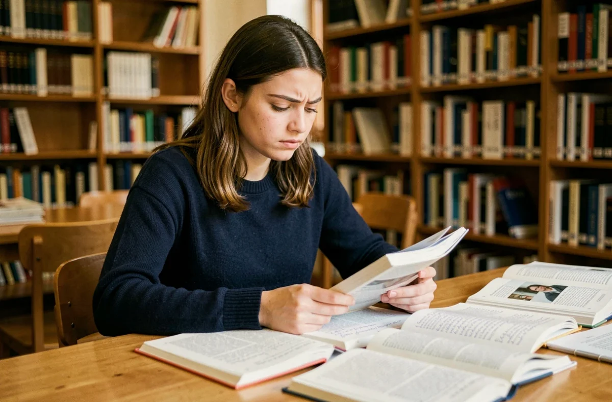 Étudiante révisant le futur en espagnol avec des manuels ouverts dans une bibliothèque universitaire