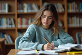 Étudiante révisant les verbes espagnols avoir pour l'examen DELE dans une bibliothèque universitaire