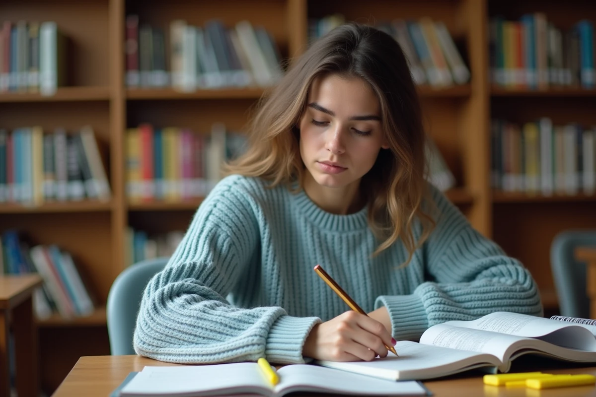 Étudiante révisant les verbes espagnols avoir pour l'examen DELE dans une bibliothèque universitaire