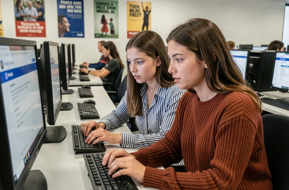 Deux étudiantes collaborant pour déposer correctement un devoir sur Moodle en salle informatique