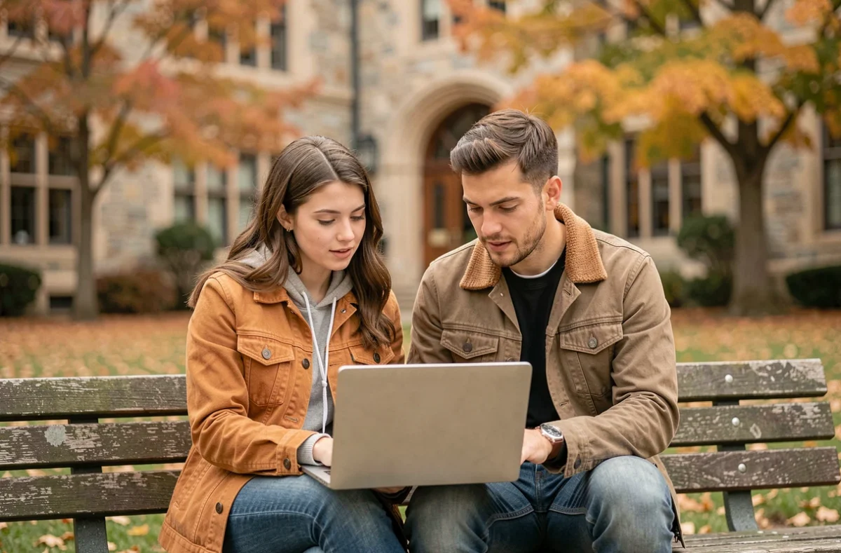 Deux étudiants relisant ensemble une lettre de motivation sur un campus universitaire en automne
