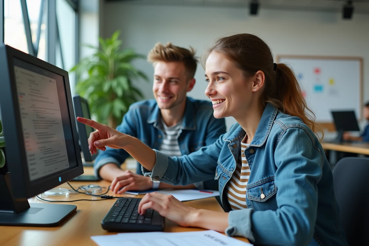 Deux étudiants de l'ESME collaborant sur le portail Alcuin dans une salle informatique universitaire