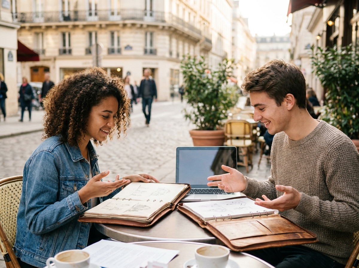 Deux étudiants en design discutant de leurs portfolios en terrasse de café, comparant la prépa artistique et l'entrée directe en école de design