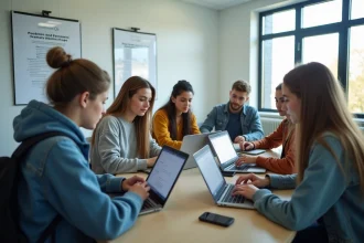 Groupe d'étudiants concentrés sur leurs appareils en classe