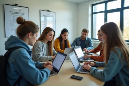 Groupe d'étudiants concentrés sur leurs appareils en classe