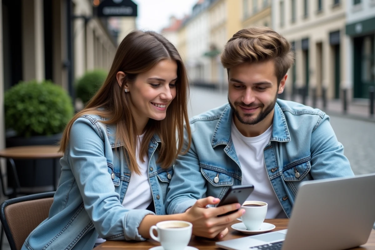 Deux étudiants accédant aux cours de l'ENT Lille sur smartphone en terrasse de café