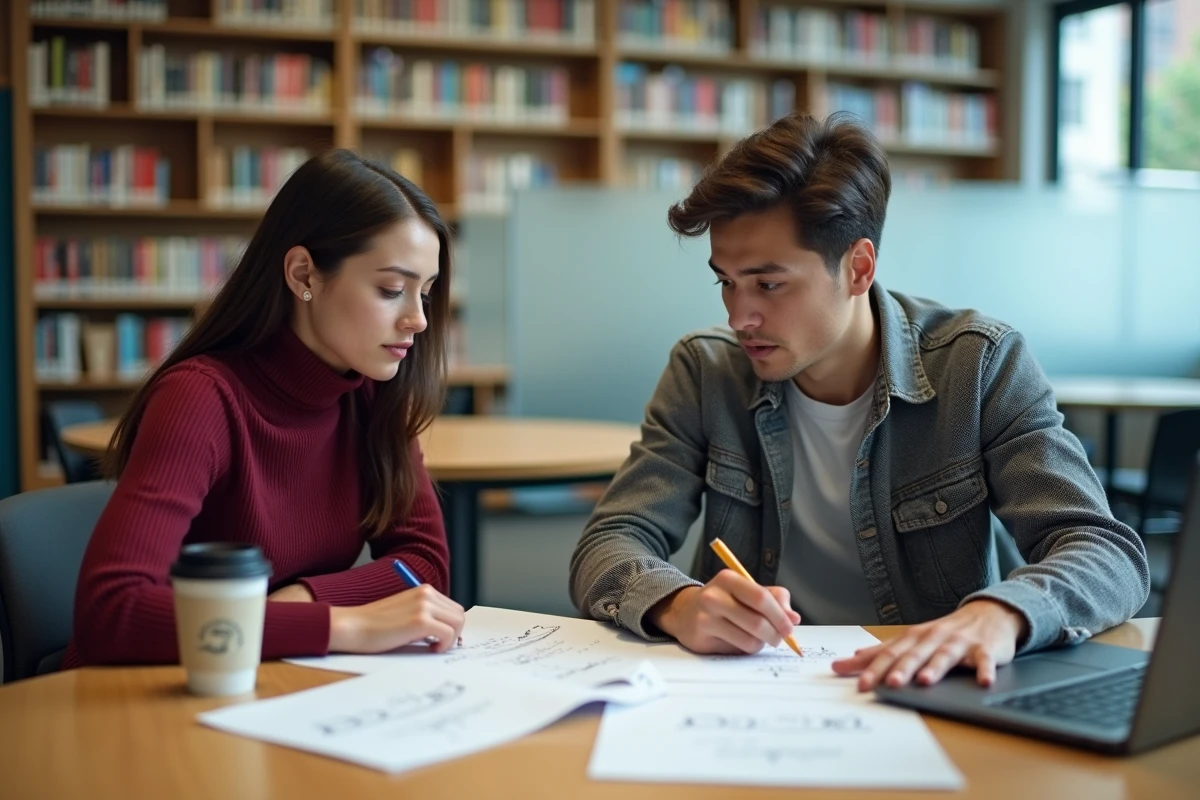 Deux étudiants du master El Karoui en session de travail collaboratif dans une salle de bibliothèque universitaire