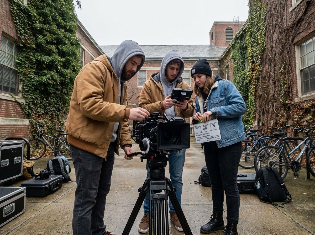 Groupe d'étudiants en cinéma filmant une scène en extérieur dans la cour de leur campus avec une caméra professionnelle