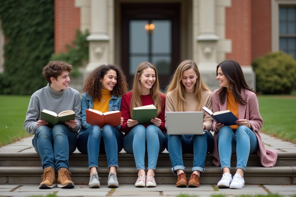 Groupe d'étudiants universitaires souriants en extérieur