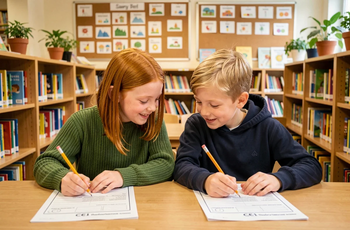 Deux élèves de CE1 travaillant ensemble sur des exercices imprimés dans une bibliothèque scolaire