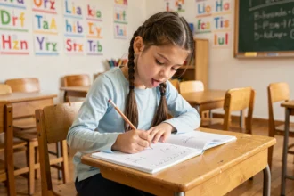 Jeune fille de CE1 en train de faire un exercice écrit dans un cahier ligné à son bureau en classe