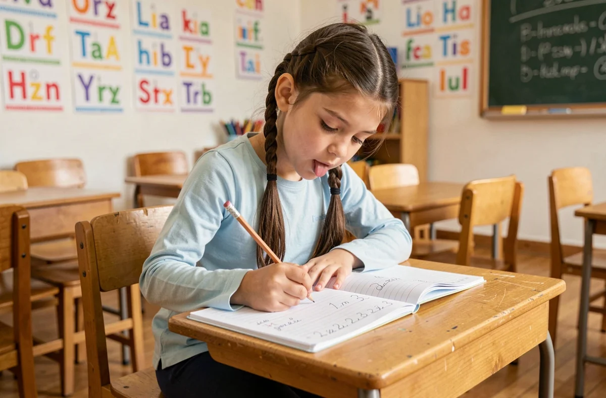Jeune fille de CE1 en train de faire un exercice écrit dans un cahier ligné à son bureau en classe