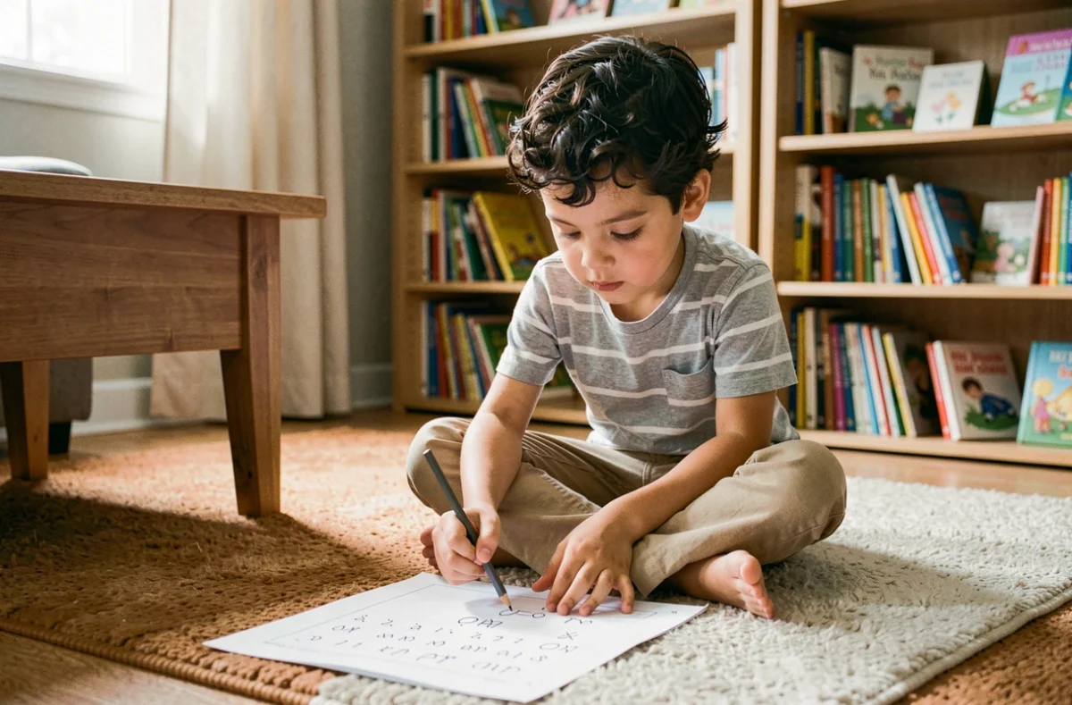 Garçon de CE1 faisant des exercices imprimés sur une feuille à la maison assis sur un tapis
