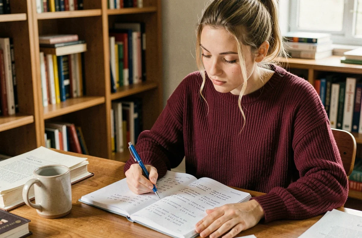 Jeune femme pratiquant des exercices de conjugaison du verbe connaître au passé simple dans un cahier de grammaire française