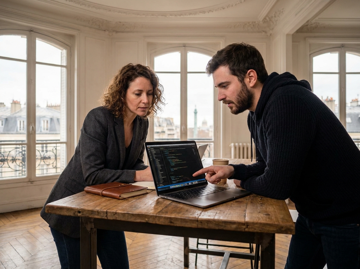 Deux experts en cybersécurité collaborant sur un ordinateur portable dans un espace de coworking parisien