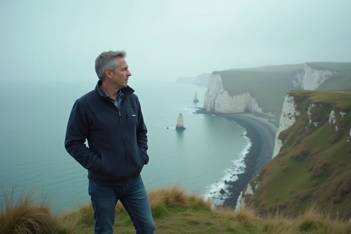Homme contemplant les falaises normandes avec vue sur la Manche par temps nuageux