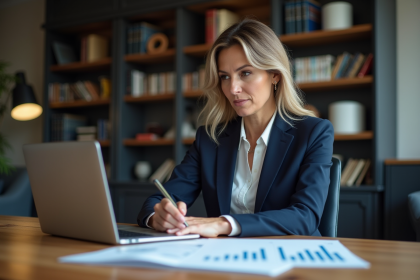 Femme d affaires en réunion analysant des rapports financiers