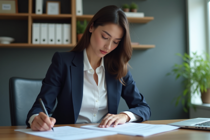 Femme d affaires en blazer bleu examine des documents au bureau