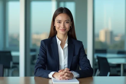Jeune femme en costume dans une salle de réunion moderne