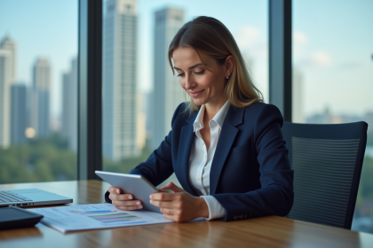 Femme d'affaires en bureau moderne consulte des graphiques