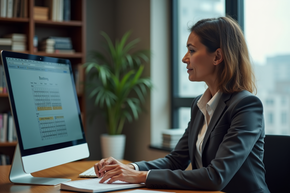 Femme d'âge moyen au bureau regardant son calendrier digital