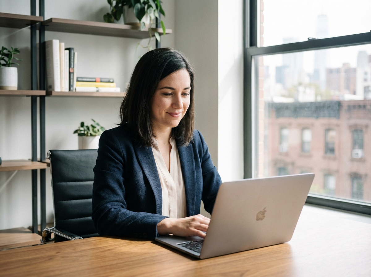 Femme d'affaires au bureau avec sourire confiant