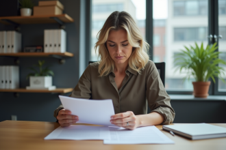 Femme en bureau regardant des documents avec concentration